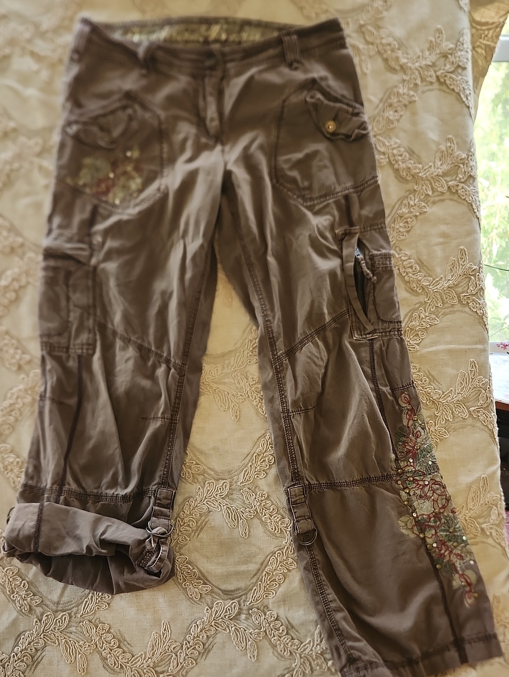 Next Vintage Brand Boho Embroidered Cargo Pants - Brown